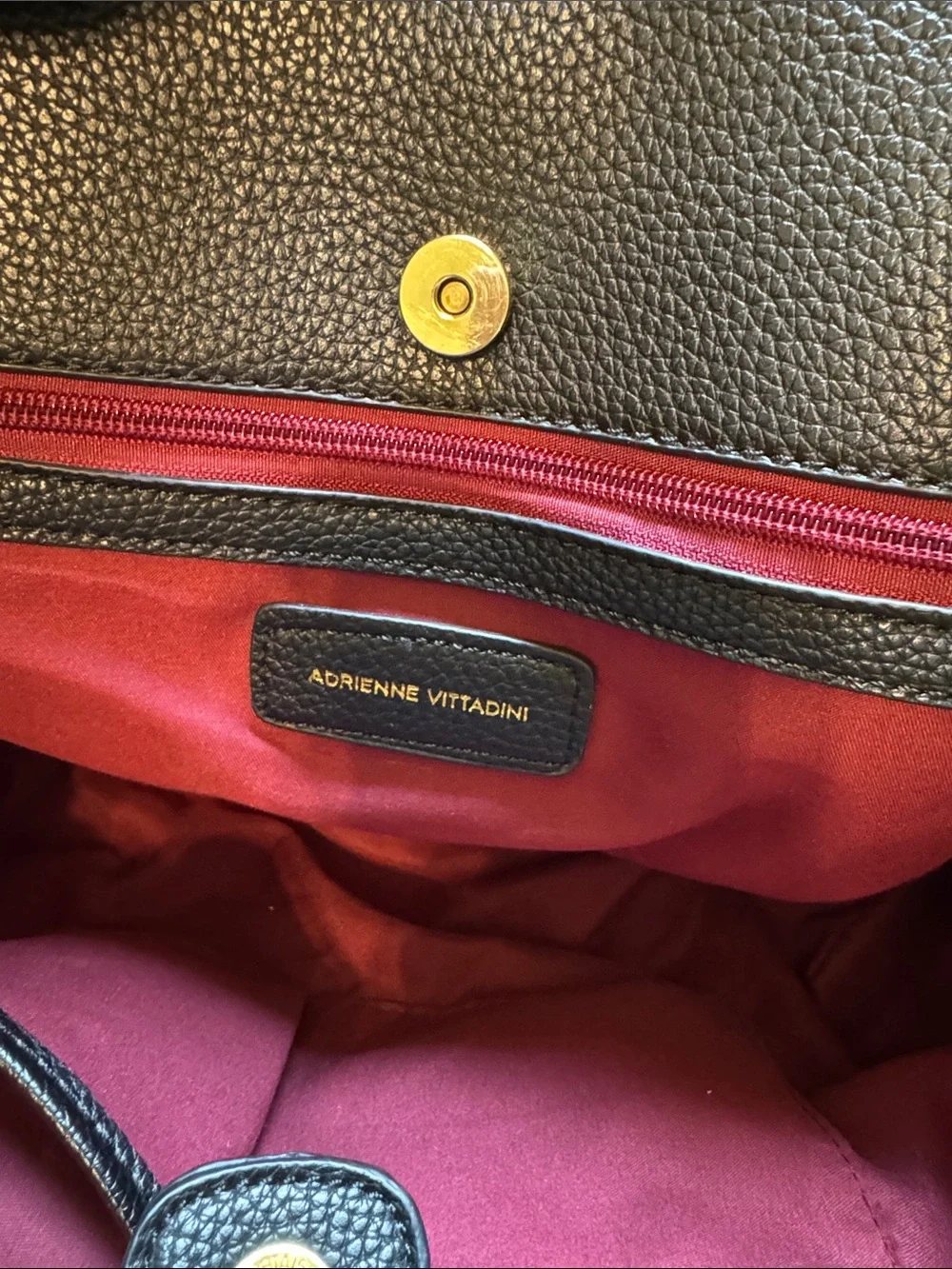 Adrienne Vittadini Black Pebbled Leather Satchel with Gold Lock